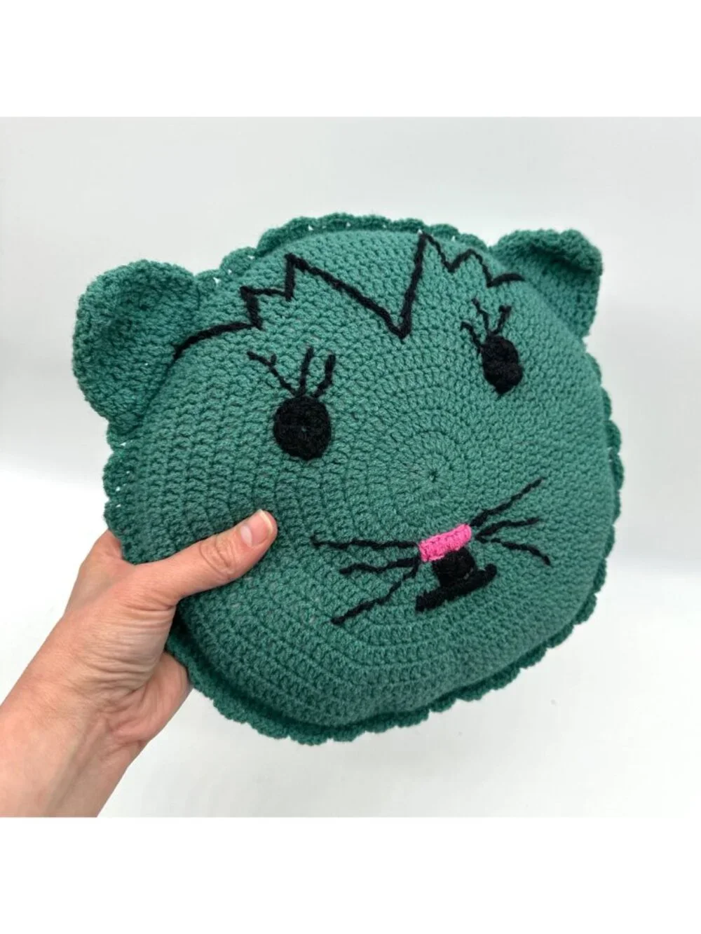Vintage Cat Throw Pillow Crocheted Kitty Green Round Pink Nose Stuffed Handmade